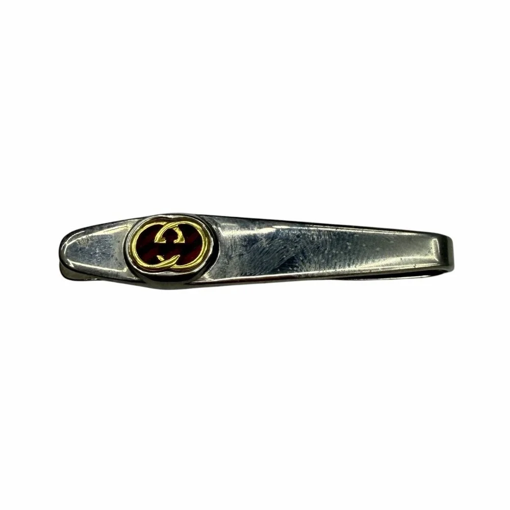 Gucci Men's Authentic Tie Clip Bar Silver/Gold Plated GG Monogram Logo Italy euc